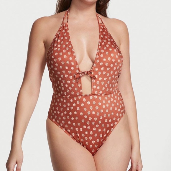 Victoria’s Secret Womens orange rusty Daisy print plunge tie neck one piece swim - Picture 1 of 11